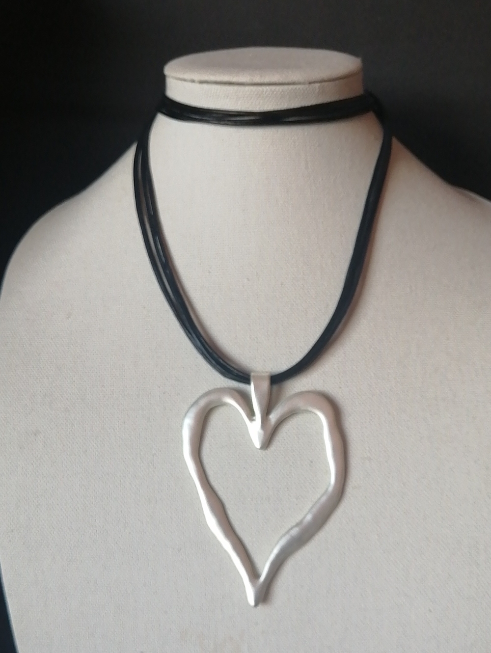 Boho-Style Open Heart Fluid Contour Matte Silvertone Large Pendant on Black Cord